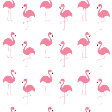 Flamingo set. Seamless Pattern Exotic tropical bird. Zoo animal collection. Cute cartoon character. Decoration element. White background. Isolated. Flat design.