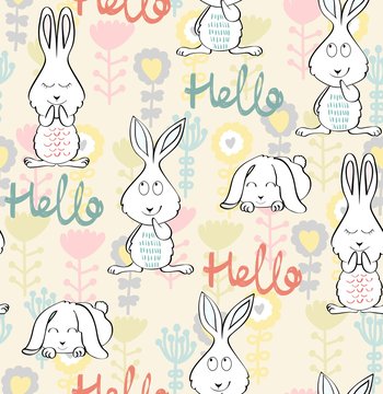 Vector seamless pattern with bunny and flowers