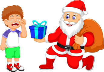 funny Santa Claus cartoon giving a gifts to little boy crying