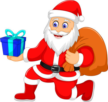 cute santa claus cartoon holding a gift