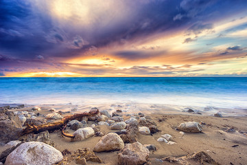 Pefkoulia beach in Lefkada at sunset