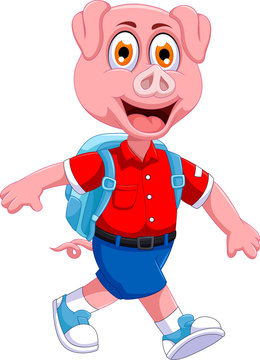 funny pig cartoon going to picnic