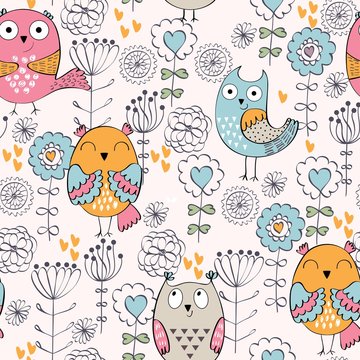 Vector seamless pattern with owls and flowers