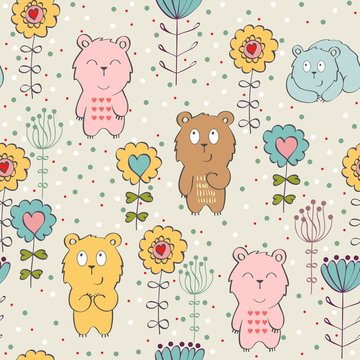 Vector seamless pattern with bear and flowers