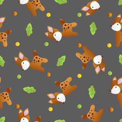 seamless pattern with toy baby deer and green leaves on a dark gray  background