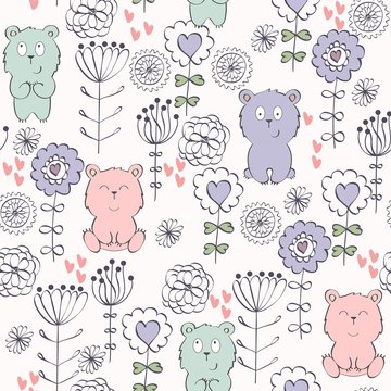 Vector seamless pattern with bear and flowers