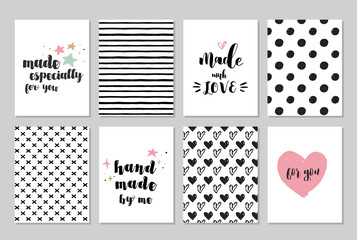 handmade, craft, knitting and art cards, tags with lettering, seamless hand drawn patterns