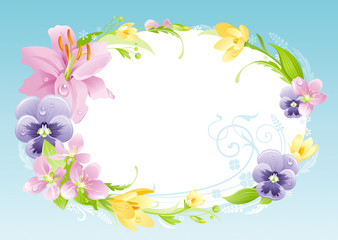 Naklejka na ściany i meble Spring blue background. Easter, Mothers day, Birthday, Wedding. Flower frame lily, pansy, crocus, leaf. Isolated floral wreath. Natural border, flat vector illustration. Springtime greeting card
