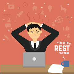 stressed man with work flat illustration character