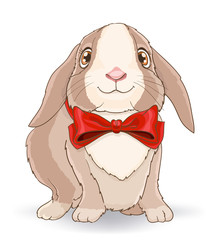Little cute rabbit with red bow. vector