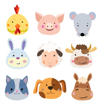 Vector Set of Cute Farm Animals and Pets Faces Isolated on White