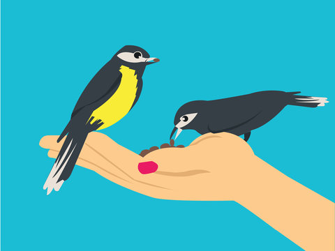 Feeding Bird With One Hand Flat Illustration