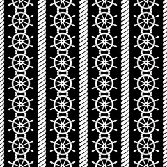 Vector seamless pattern with steering wheel and rope. Creative geometric symmetrical background, nautical theme. Graphic illustration. Black and white