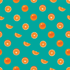 Orange with peel and orange slice seamless pattern on green teal background