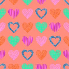 Seamless vector pattern with hearts. endless symmetrical background with hand drawn textured figures. Graphic illustration Red Template for wrapping, web backgrounds, wallpaper