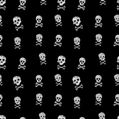 Black and white drawing Jolly Roger skull seamless vector pattern illustration