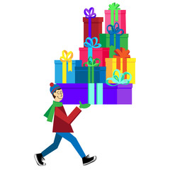 Flat vector Greeting Card illustration isolated with guy buying presents