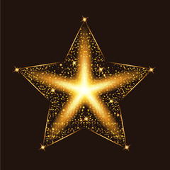 Gold glow glitter star with particles. Light effects. Vector illustration.