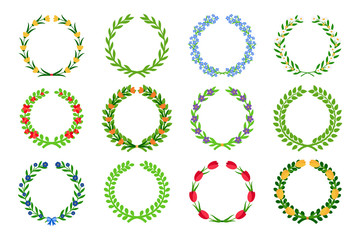 Spring green floral wreaths vector illustration. Circle wreath set holiday collection of tulips, daisies and wildflowers cornflowers