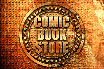 comic book store, 3D rendering, grunge metal stamp