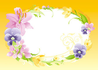 Spring yellow background. Easter, Mothers day, Birthday, Wedding. Flower frame lily, pansy, crocus, leaf. Isolated floral wreath. Natural border pattern, vector illustration. springtime greeting card