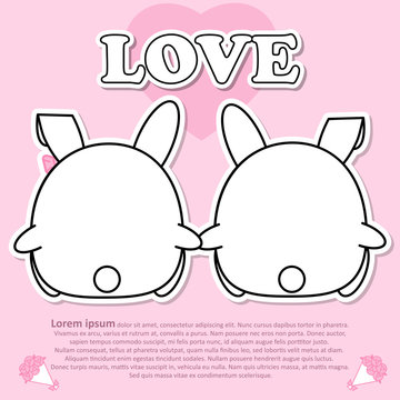 Backside view of Lovely couple cute Rabbit hold the hands together in Valentine and paper cut sticker concept