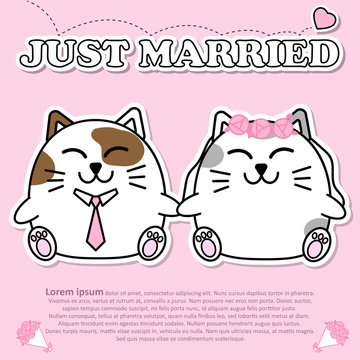 Lovely couple cute cat just married in Valentine and paper cut sticker concept