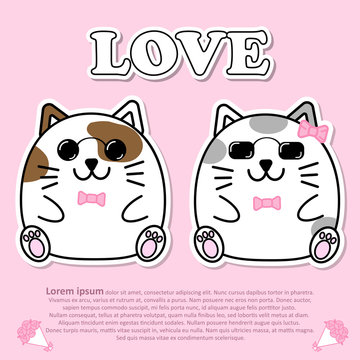 Lovely couple cute cat wear sunglasses and pink bow tie in Valentine and paper cut sticker concept