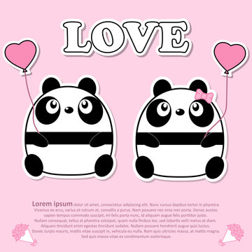 Lovely couple cute pand with pink heart balloon in Valentine and paper cut sticker concept