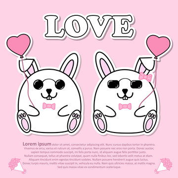 Lovely couple cute Rabbit with pink heart balloon and wear pink bow tie in Valentine and paper cut sticker concept