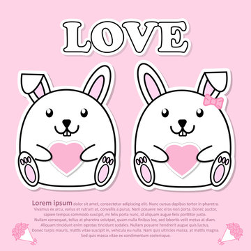 Lovely couple cute Rabbit with pink heart in hand for Valentine and paper cut sticker concept