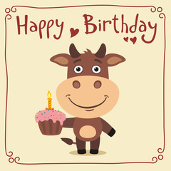 Happy birthday! Funny cow with birthday cake. Greeting card with cow in cartoon style.