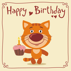 Happy birthday! Funny kitten cat with birthday cake. Greeting card with kitten cat in cartoon style.