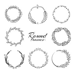 Branch with leaves, laurel wreath, floral circle frames for decoration. hand drawn vector collection