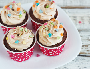 Chocolate cupcake with mousse cream icing on grunge white wooden background copy space