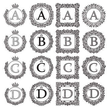 Vintage monograms set of A, B, C, D letter. Heraldic coats of arms in wreaths, round and square frames. Black symbols on white.