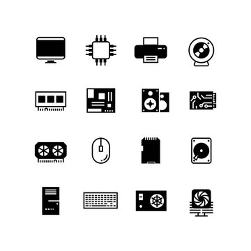 Computer hardware, hdd memory, ram, microchip, cpu vector icons