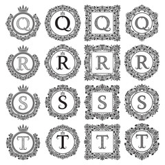 Vintage monograms set of Q, R, S, T letter. Heraldic coats of arms in wreaths, round and square frames. Black symbols on white.