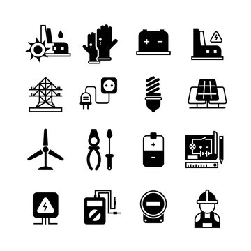 Electric power plant, electricity, electronic tools vector icons