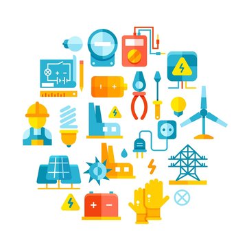 Electric power, electrical lines, electricity vector concept with flat icons