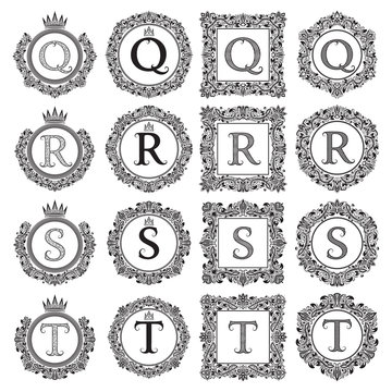 Vintage monograms set of Q, R, S, T letter. Heraldic coats of arms in wreaths, round and square frames. Black symbols on white.