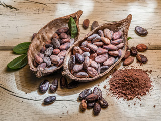 Cocoa powder and cocoa beans on the wooden table.