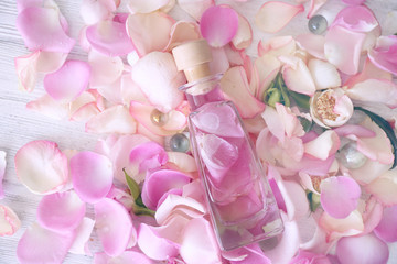 Essential oil on rose petals