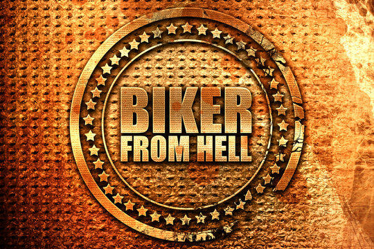 biker from hell, 3D rendering, grunge metal stamp