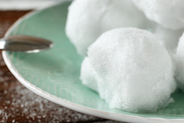 Snow ice cream on beautiful plate, closeup
