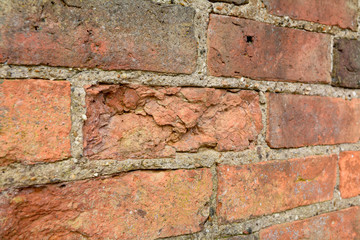 Wall with bricks damaged by the weather