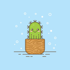 Cute cactus character thin lined icon, logo template design.