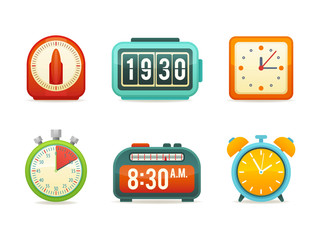 Flat clock icons set with digital and analog displays