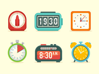 Flat clock icons set with digital and analog displays - 134306387