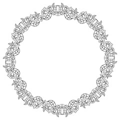 Elegant round frame with contours of flowers.  Vector clip art.